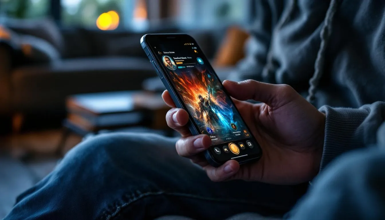 A person is holding a smartphone displaying a vibrant gaming app interface that features various casino games, including slots and live dealer games. The screen showcases exciting gameplay elements, inviting users to start enjoying their favorite casino games on the go.